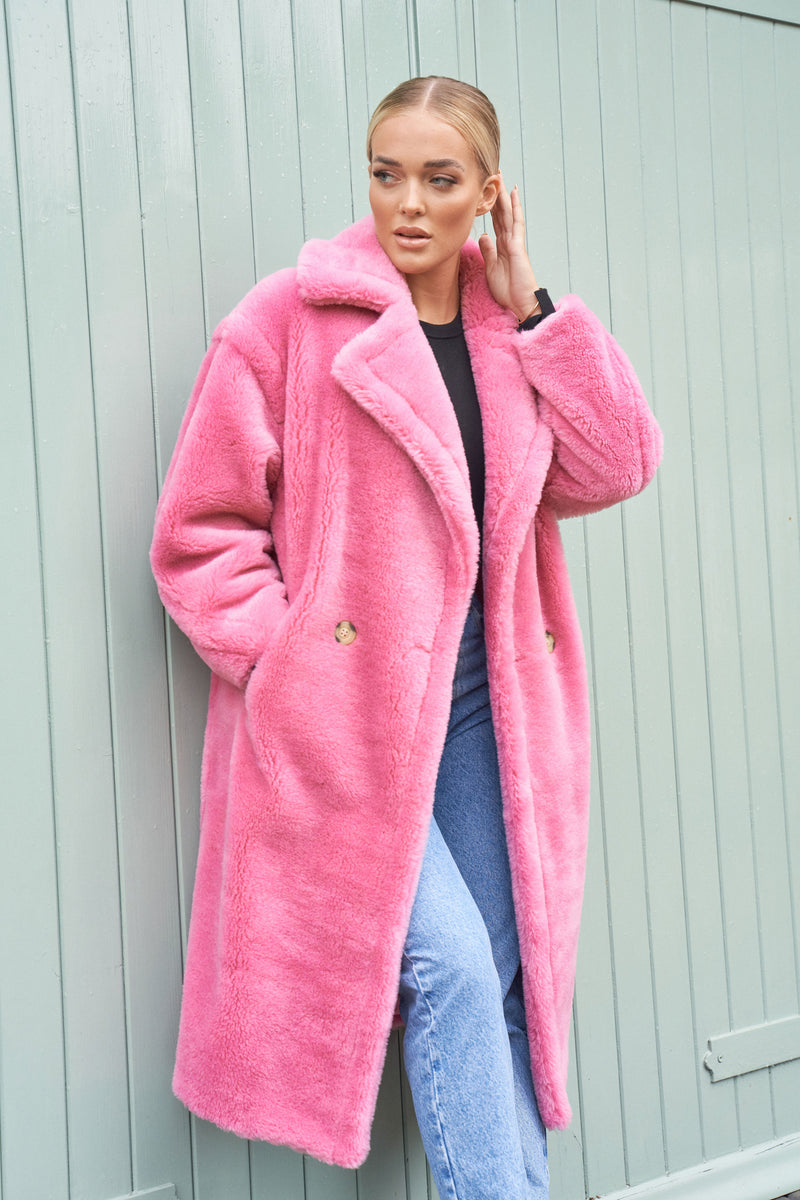 Long pink teddy coat hotsell